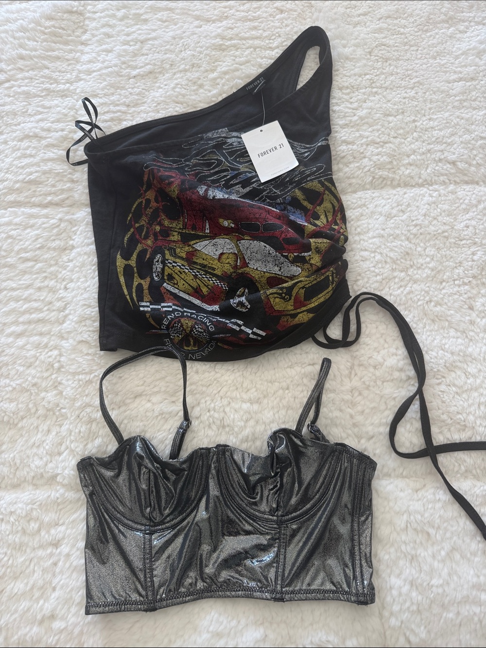 Forever 21 Black One-Shoulder Graphic Camisole with Racing Print